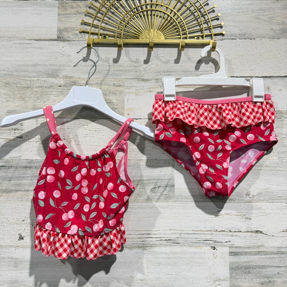 Matilda Jane Tankini Swimsuit Girls 10 Red Cherry Gingham Ruffle Retro EUC